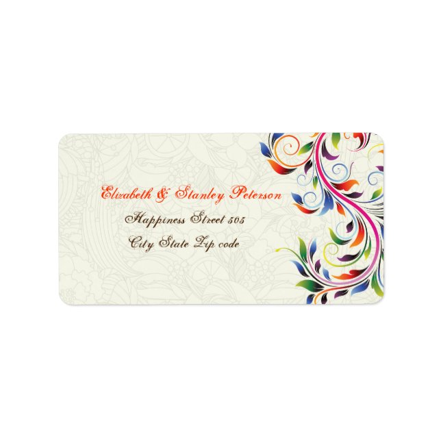 Colourful scroll leaf on ecru wedding label (Front)