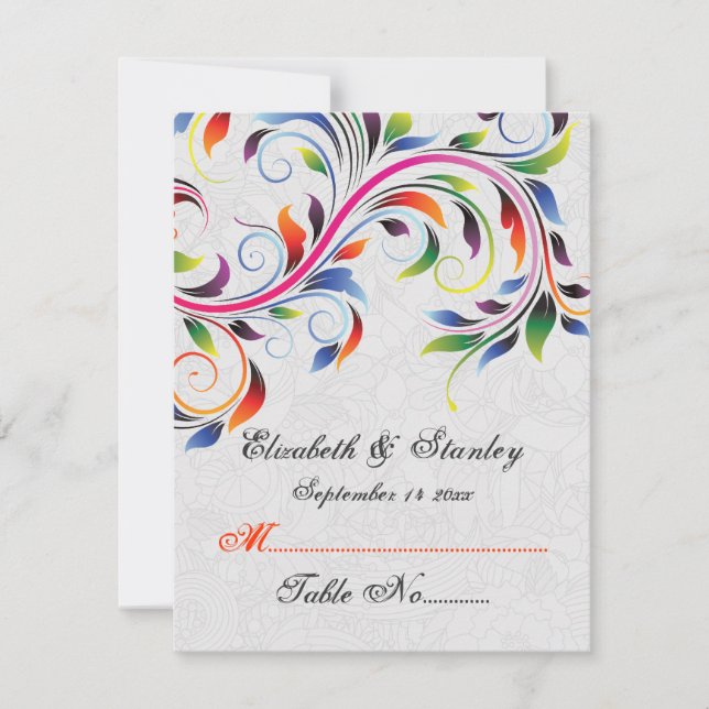 Colourful scroll leaf on grey wedding place card (Front)