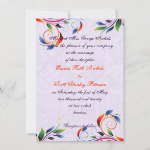Colourful scroll leaf on purple wedding invitation