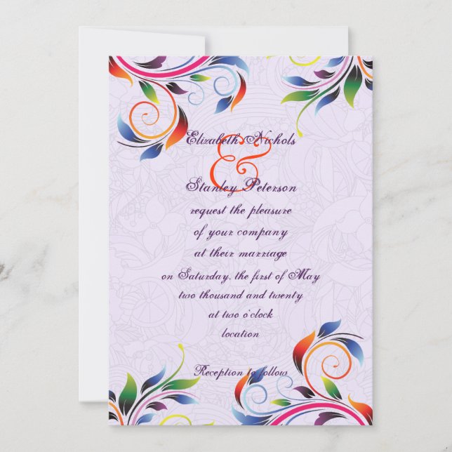 Colourful scroll leaf on purple wedding invitation (Front)