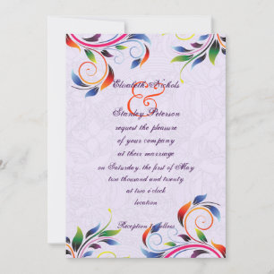 Colourful scroll leaf on purple wedding invitation
