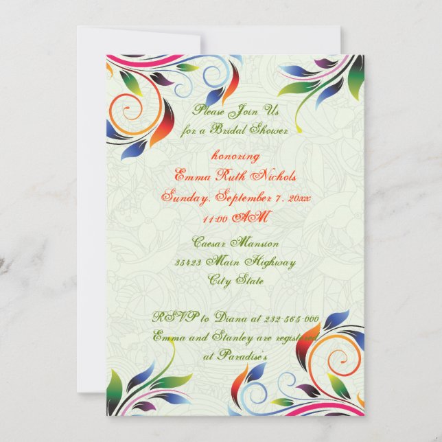 Colourful scroll leaf pale lime bridal shower invitation (Front)