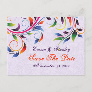 Colourful scroll leaf purple wedding Save the Date Announcement Postcard