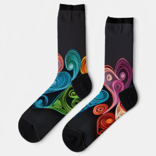 Colourful scrollwork hearts on black socks
