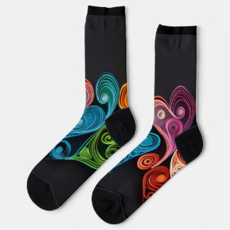 Colourful scrollwork hearts on black socks