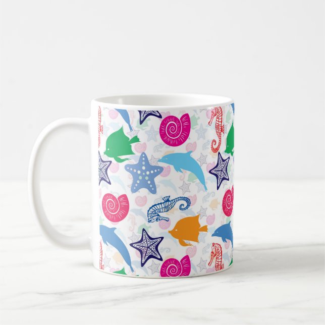 Colourful Sea Animals Illustration Pattern Coffee Mug (Left)
