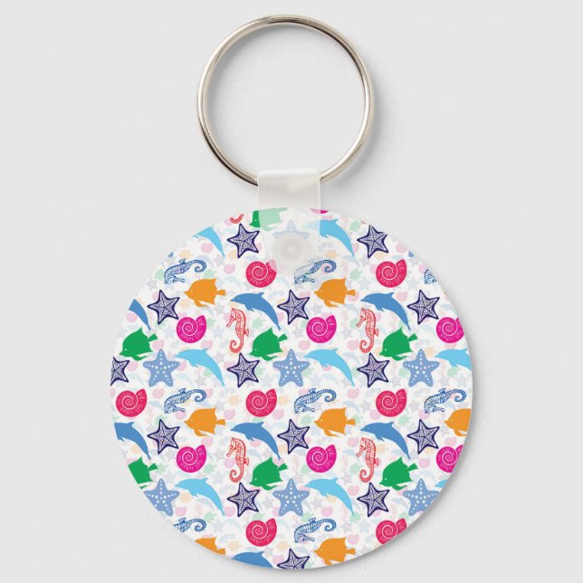 Colourful Sea Animals Illustration Pattern Key Ring (Front)