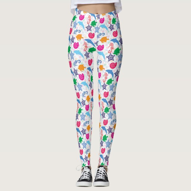 Colourful Sea Animals Illustration Pattern Leggings (Front)