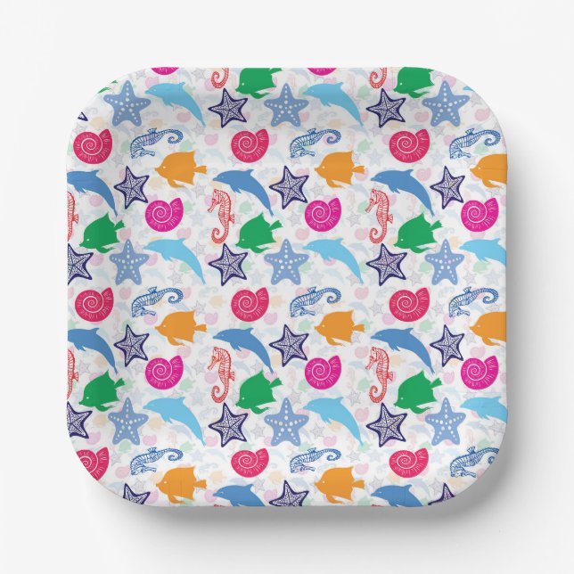 Colourful Sea Animals Illustration Pattern Paper Plate (Front)