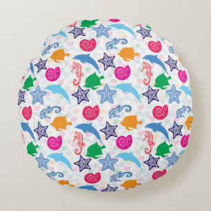 Colourful Sea Animals Illustration Pattern Round Cushion