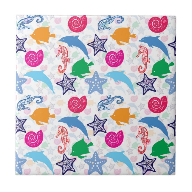 Colourful Sea Animals Illustration Pattern Tile (Front)