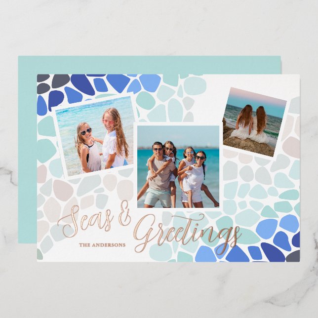 Colourful Sea Glass Christmas Seas and Greetings Foil Holiday Card (Front/Back)