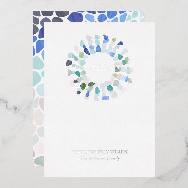 Colourful Sea Glass Christmas Wreath Foil Holiday Card (Front/Back)