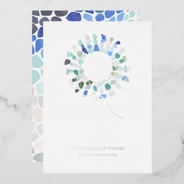 Colourful Sea Glass Christmas Wreath Foil Holiday Card (Front/Back)