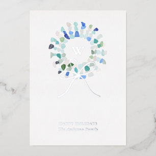 Colourful Sea Glass Christmas Wreath Initial Foil Holiday Card