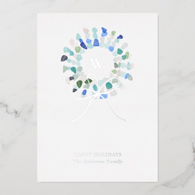 Colourful Sea Glass Christmas Wreath Initial Foil Holiday Card (Front)