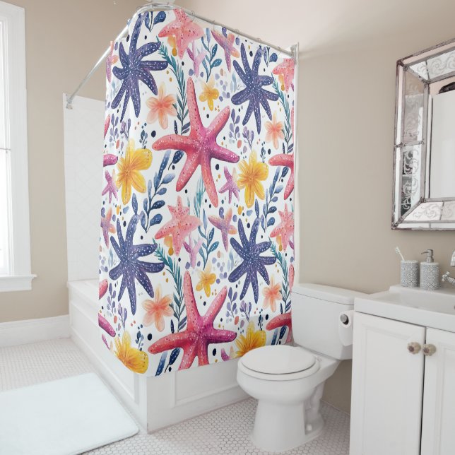 Colourful Sea Life Starfish Shower Curtain (In Situ)
