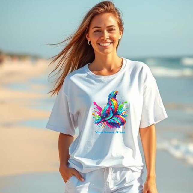 Colourful Sea Lion Splash- T-Shirt (Colorful Sea Lion Splash-Fisherman Core-Dopamine Dressing-Beach T shirt-Summer T shirt)