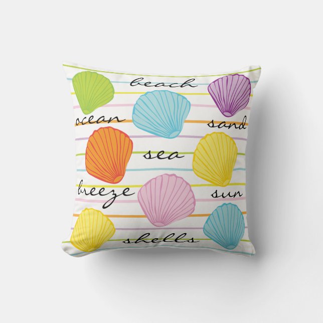 Colourful Sea Shells Beach Stripes Cushion (Front)