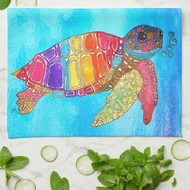 Colourful Sea Turtle 1/2 Fold Kitchen Towels (Folded)