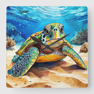 Colourful Sea Turtle Square Wall Clock