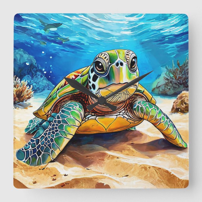 Colourful Sea Turtle Square Wall Clock (Front)