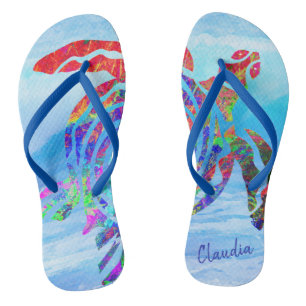 Colourful Sea Turtle Swimming the Ocean Waves Flip Flops