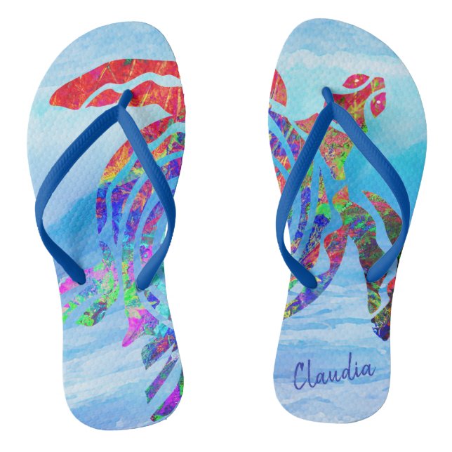 Colourful Sea Turtle Swimming the Ocean Waves Flip Flops (Footbed)
