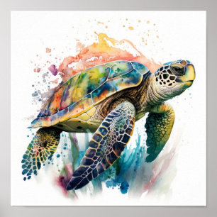 Colourful Sea Turtle with Watercolor Style Splashe Poster