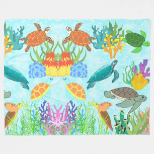 Colourful Sea Turtles And Coral Aquatic Life Fleece Blanket
