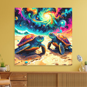 Colourful Sea Turtles Under a Cosmic Sky Canvas Print