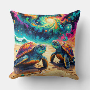 Colourful Sea Turtles Under a Cosmic Sky Cushion