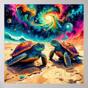 Colourful Sea Turtles Under a Cosmic Sky Poster