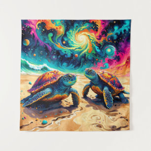 Colourful Sea Turtles Under a Cosmic Sky Tapestry