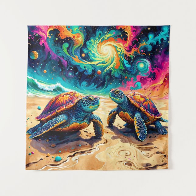 Colourful Sea Turtles Under a Cosmic Sky Tapestry (Front)