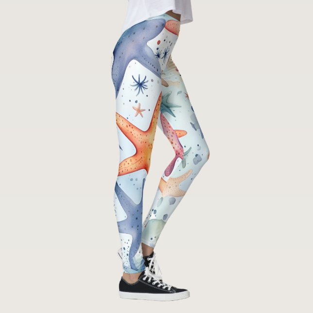 Colourful seafish, sea stars watercolor art. leggings (Right)