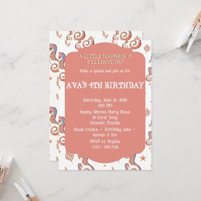 Colourful Seahorse Ocean Pattern Invitation (Front/Back In Situ)