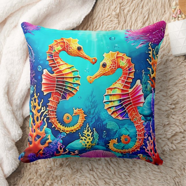 Colourful Seahorse Pair Design Cushion (Blanket)