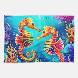 Colourful Seahorse Pair Design Tea Towel