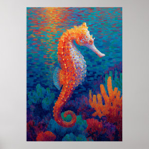 Colourful Seahorse Pointillism Ocean Painting Poster