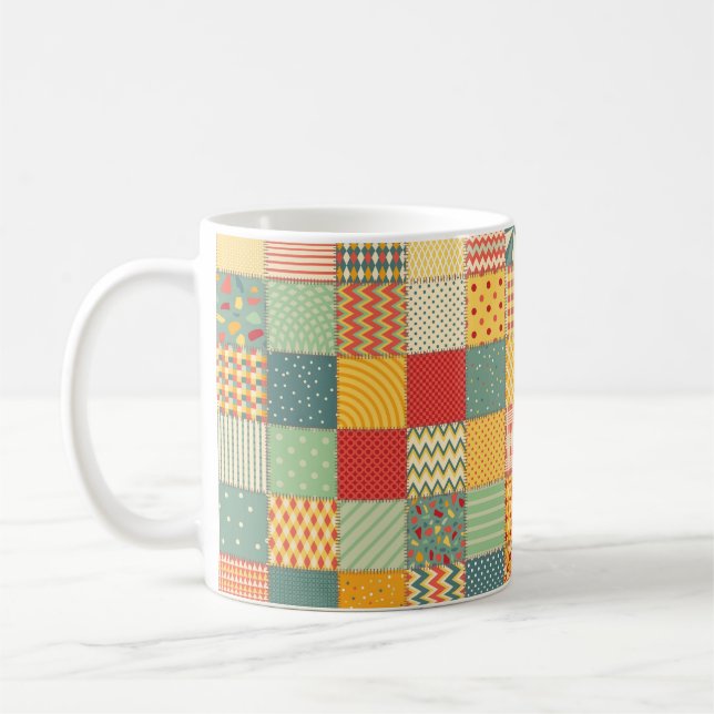 Colourful seamless patchwork pattern with abstract coffee mug (Left)