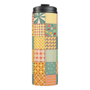 Colourful seamless patchwork pattern with abstract thermal tumbler
