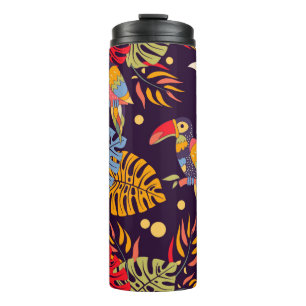 Colourful seamless pattern, exotic birds and plant thermal tumbler