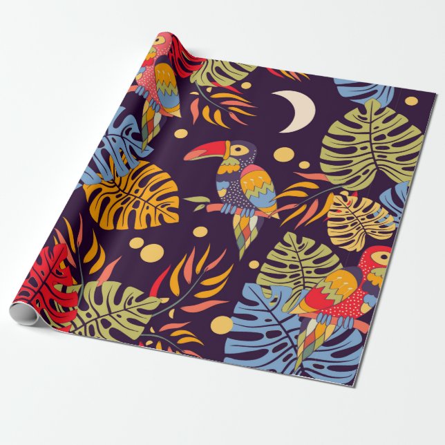 Colourful seamless pattern, exotic birds and plant wrapping paper (Unrolled)
