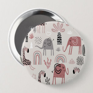 Colourful seamless pattern with cute elephants and 10 cm round badge