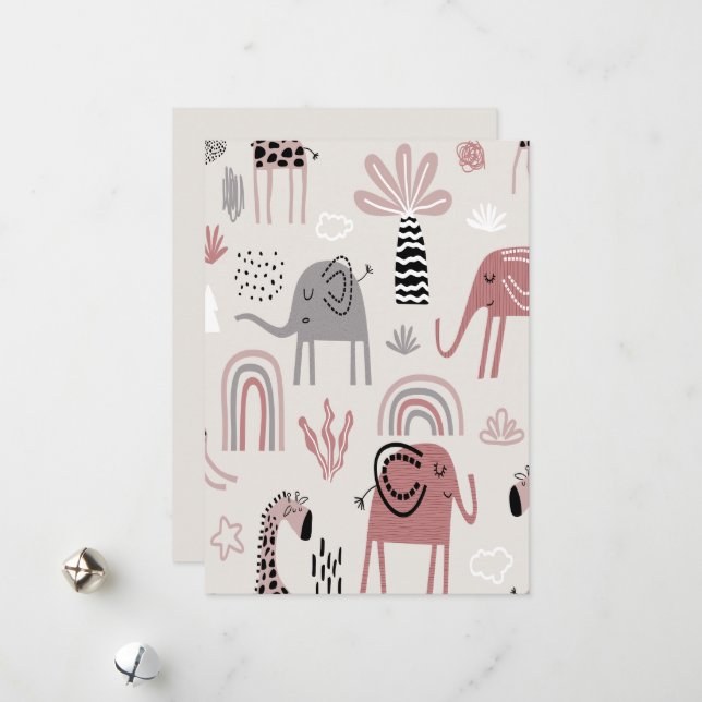 Colourful seamless pattern with cute elephants and holiday card (Front/Back In Situ)