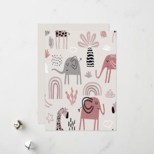 Colourful seamless pattern with cute elephants and holiday card