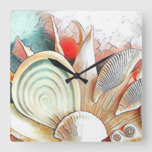 Colourful Seashells on beach watercolor painting Square Wall Clock
