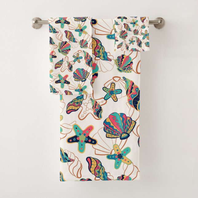 Colourful seashells pattern bath towel set (Insitu)