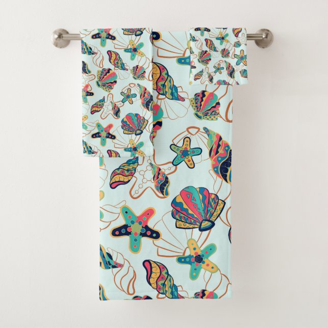Colourful seashells pattern bath towel set (Insitu)
